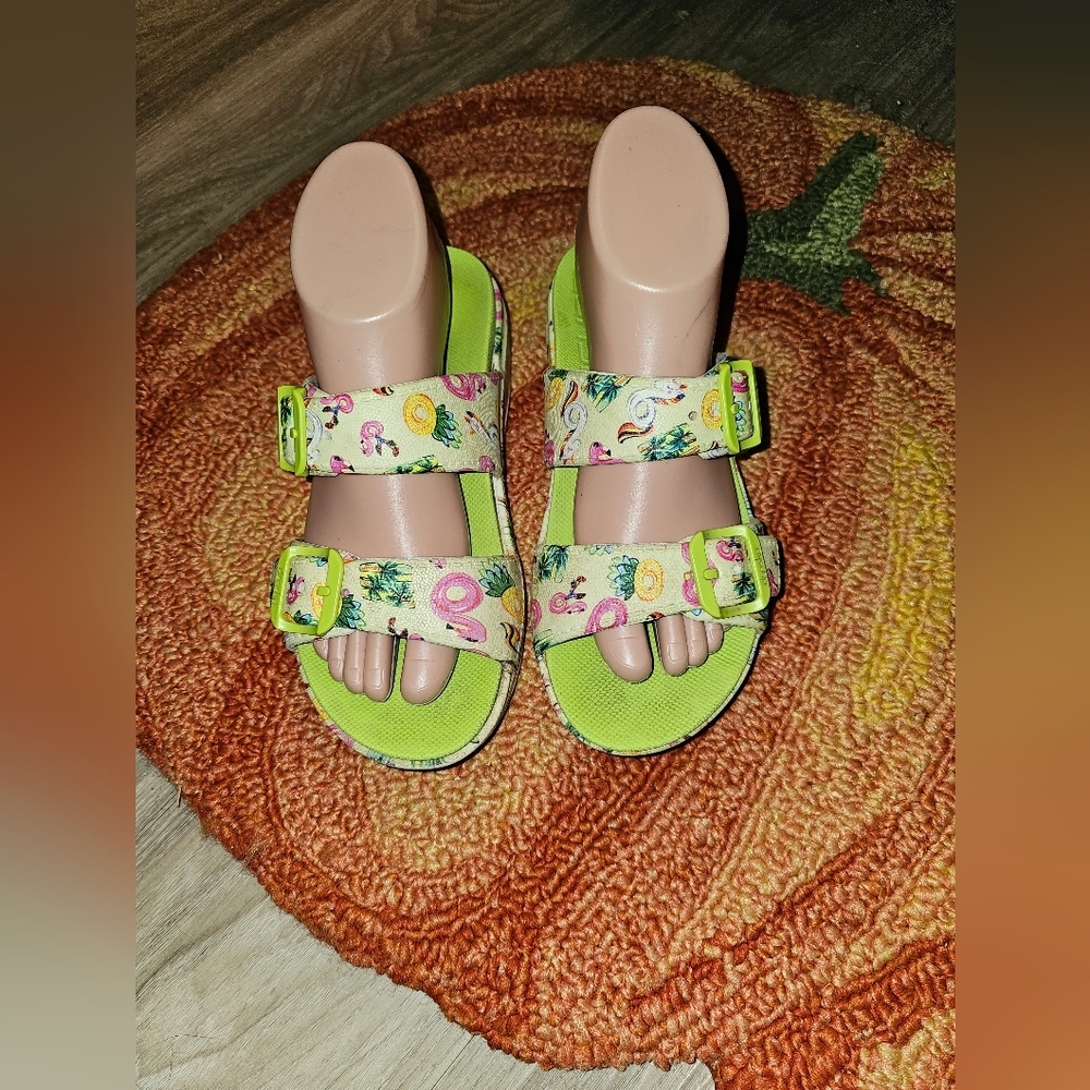 DANSKO 'Kandi' Lime Green Pink Flamingo Adjustable Sandals EVA 6.5-7/37